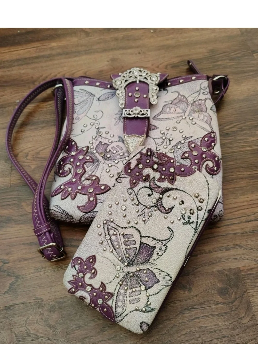 Boho Purple Floral Embellished Crossbody Bag with Matching Wallet